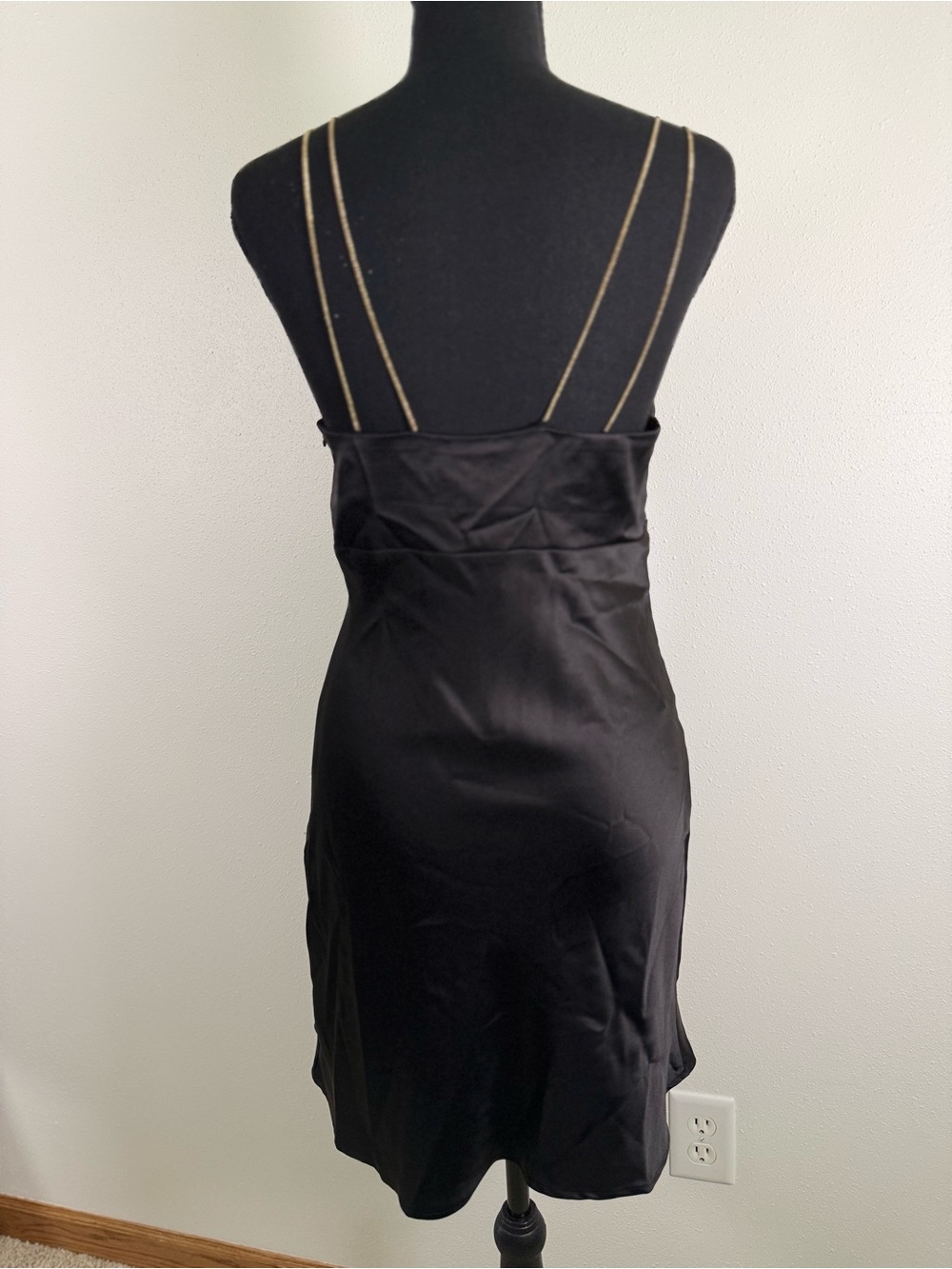 Zara Black Satin Mini Slip Dress Gold Chain Straps NWT Size Small